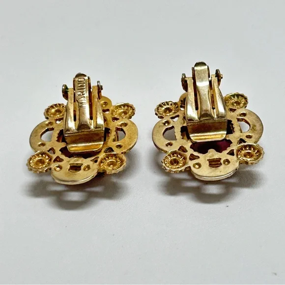 Marino, Vintage Gold And Purple Glass Cabochon Earrings, Clips, Marino 1932-1978 - Picture 2 of 8